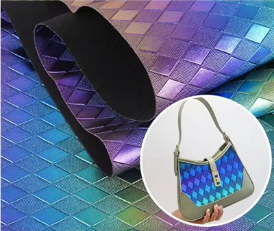 Iriserend holografisch glanzend ruitpatroon PVC reliëfleer